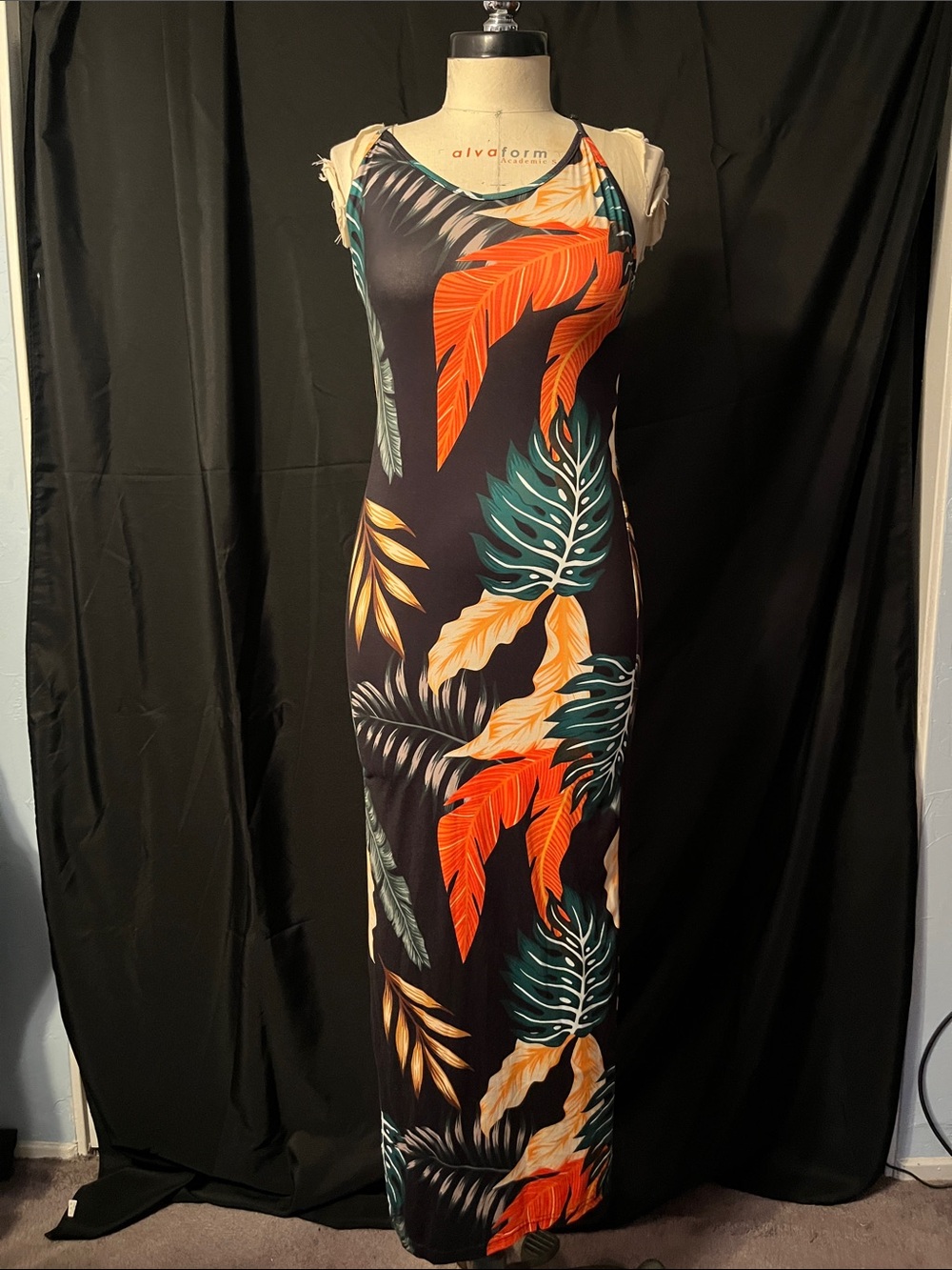Black Tropical Maxi Dress with Orange & Teal Leaf Print